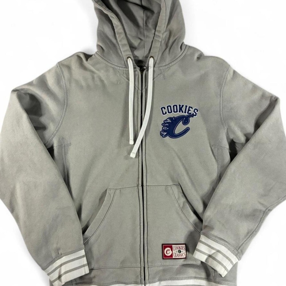 Cookies SF Varsity style Gray and white striped hoodie. Men's size medium.